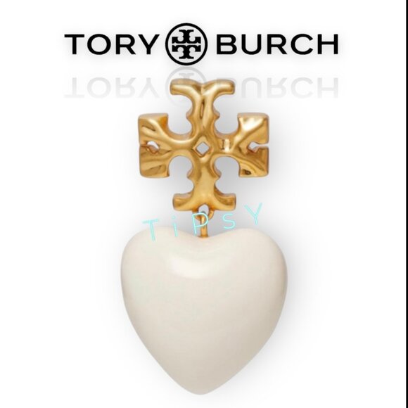 Beautiful Tory Burch White and Gold Roxanne Heart Drop Earrings - Picture 3 of 4